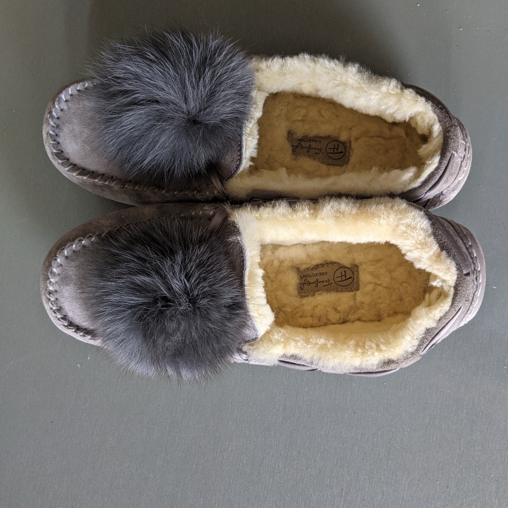 Womens grey suede pom pom moccasins